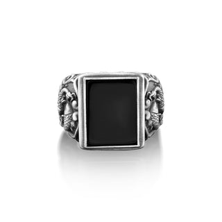 Engraved koi fish large onyx ring for statement, Rectangle big black onyx ring in silver, Flat top black gemstone ring