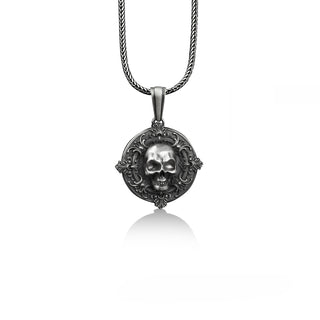 Skull in Victorian Pattern Necklace, 925 Sterling Silver Gothic Necklace, Skull Jewelry, Pagan Necklace, Wiccan Necklace, Best Friend Gift