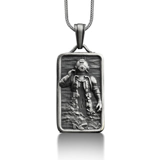 925 sterling silver scuba diver necklace for men, Rectangle pendant with custom name, Personalized scuba diving necklace