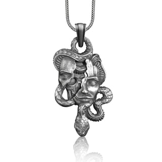 Snake Smashes Skull Face Silver Pendant, Skull Snake Necklace, Oxidized Sterling Silver Pendant, Biker Jewelry, Gothic Charm for Him Her