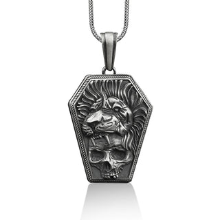 Skull in lion's mouth coffin pendant necklace, Cool mens silver necklace for boyfriend, Engraved gothic necklace for men