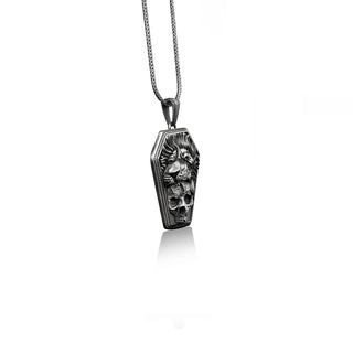 Skull in lion's mouth coffin pendant necklace, Cool mens silver necklace for boyfriend, Engraved gothic necklace for men