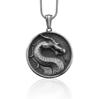 Dragon Head Handmade Sterling Silver Men Charm Necklace, Huge Serpent Mythology Jewelry, Oxidized Silver Dragon Men Gift Pendant, Geek Gift