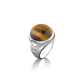 Engraved dog paw on side handmade ring with large tigers eye ring for mens, Tigers eye ring in sterling silver, Unique ring with wide band