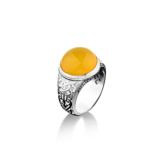 925 sterling silver yellow agate large signet ring, Yellow agate vintage ring engraved Victorian motifs on side, Handmade yellow agate ring