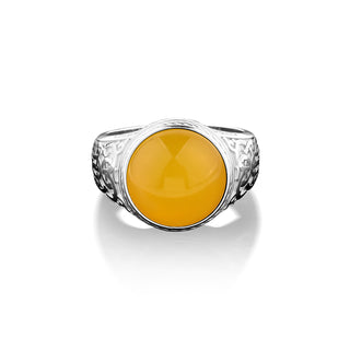 925 sterling silver yellow agate large signet ring, Yellow agate vintage ring engraved Victorian motifs on side, Handmade yellow agate ring