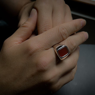 Red agate minimalist ring for promise, Statement ring with flat carnelian gemstone on top in 925 sterling silver, Fashion agate ring as gift