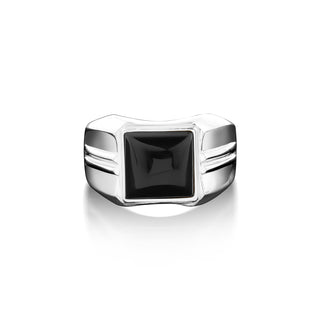 Big black onyx ring in 925 sterling silver, Wide band ring with large black gemstone, Square black stone ring for dad
