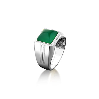 Big green agate men ring in 925 sterling silver, Wide band ring with large green jade stone, Square agate stone ring for dad, Wedding ring