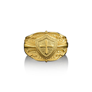 Engraved crusader knight's shield wide band ring in 14k gold, 18k gold mens christian ring for dad, Extraordinary ring