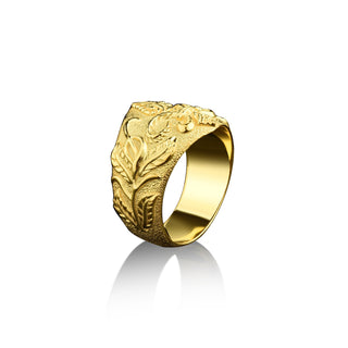 Engraved fleur de lis with leaf on 14k gold wide band ring, 18k gold mens ring, Heraldic jewelry for dad birthday gift