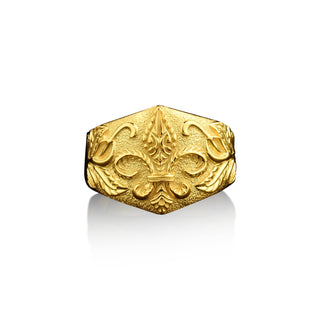 Engraved fleur de lis with leaf on 14k gold wide band ring, 18k gold mens ring, Heraldic jewelry for dad birthday gift