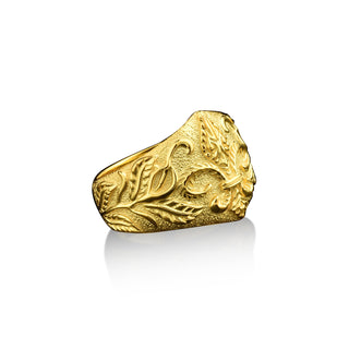 Engraved fleur de lis with leaf on 14k gold wide band ring, 18k gold mens ring, Heraldic jewelry for dad birthday gift