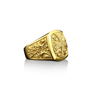 Knight cross 14k gold signet ring with engraved victorian motifs, 18k gold mens signet ring for dad, Christian ring