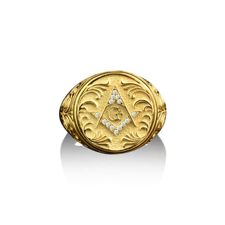 14k gold master mason signet ring for men, 18k gold mens freemason ring for dad, Engraved gold masonic ring for men