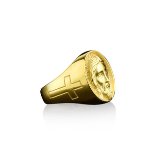 14k gold christian signet ring with engraved jesus head, 18k gold mens religious ring for dad, Extraordinary ring