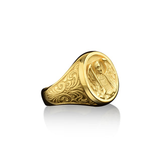 Saint michael the archangel signet ring in 14k gold or 18k gold, St michael mens christian ring in gold, Religious ring