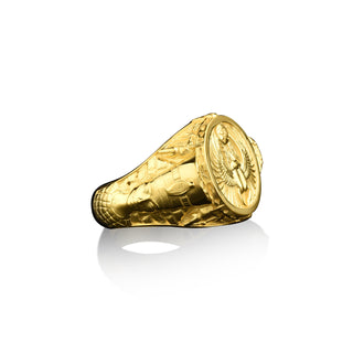 Egyptian scarab with nefertiti 14k gold engraved signet ring for men, 18k gold mens signet ring with mythology motifs