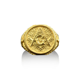 Masonic signet ring in 14k or 18k gold, Master mason ring for dad, Freemason ring for husband, Yellow gold ring for men