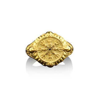 Vegvisir 14k gold signet ring for men, Viking compass 18k gold mens ring for scandinavian, Norse mythology ring for dad
