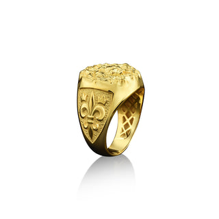 14k gold mens lion signet ring with engraved fleur de lis, 18k gold male ring for dad, Leo zodiac ring for birthday