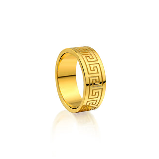 14K Solid Gold Meander Motifs Wedding Band Ring,Greek Key Engraved Gold Statement Ring, Greek Meandros Handmade Solid Gold Mens Ring