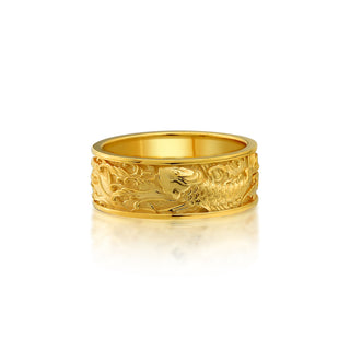 Japanese Motif 14K Gold Mens Wedding Band, Ornamental Koi Fish Solid Gold Men Ring, Fish and Waves Gold Engagement Ring, Christmas Men Gift