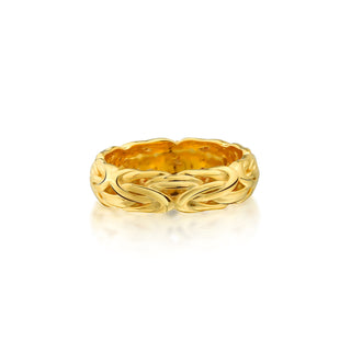 Handmade Byzantine Motif Solid Gold Ring, 14K Yellow Gold Link Chain Wedding Men Band Ring, King Symbol Engraved Men Wedding Band Ring