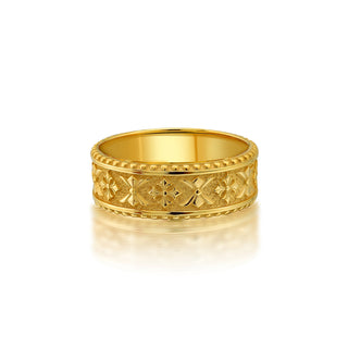 18K Gold Handmade Crusader’s Cross Mens Wedding Band,  Solid Gold Jerusalem Crucifix Custom Engraved Engagement Ring, Christian Groomsmen