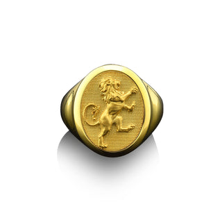 Gold 14K Rampant Lion Men's Ring, 18K Gold Lion Rampant Signet Man Rings, 10K   Gold Lion Mens Jewelry, 10k Gold Husband Gift Ring