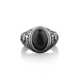 Victorian style mens vintage ring with black onyx, 925 sterling silver floral engraved side onyx ring for men, Cool ring, gift ring for mens