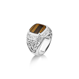 Victorian style ring for men with tigers eye stone in sterling silver, Vintage signet ring with tigers eye, Wide engraved motifs men ring