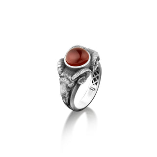 Zodiac ram sterling silver men ring with red agate stone, Carnelian sterling silver kind ring for men, Zodiac agate ring for Aries people