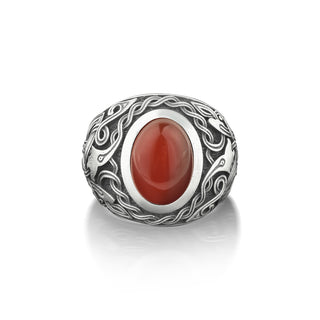 Filigree ring with red agate in sterling silver for mens, Carnelian oval ring with wide band, Celtic symbol engraved on side handmade ring