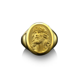Crown of thorns jesus christ ring in 14k gold, Jesus head mens signet ring in 18k gold, Unique faith ring for husband