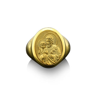 St joseph and baby jesus mens signet ring in 14k gold, 18k gold christian ring for dad, Saint joseph ring for husband