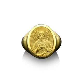 Sacred heart of jesus signet ring for men, 14k or 18k gold mens signet ring for christian, Religious ring for dad
