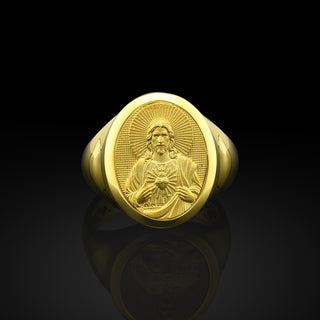 Sacred heart of jesus signet ring for men, 14k or 18k gold mens signet ring for christian, Religious ring for dad