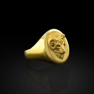 Oval ram signet ring in 14k gold, Elegant gold mens signet ring for aries, 18k gold statement ring for men, Unique ring