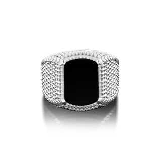 Dragon scale 925 sterling silver ring with flat black onyx on top, Unique mens onyx ring for statement, Male gothic ring
