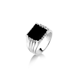 Square cut black onyx ring with cz in silver, Flat top onyx statement ring for men, Unique mens onyx ring with zircon,