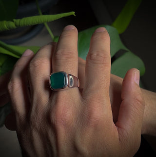 Engraved lily on side unique ring with green jade, Victorian handmade mens ring with cushion cut green agate, Sterling silver agate ring