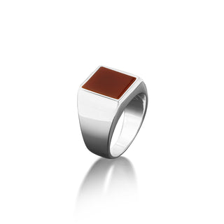 Sterling silver rectangle red agate minimalist ring for male promise, Promise ring with flat carnelian gemstone, Unique fashion ring for men